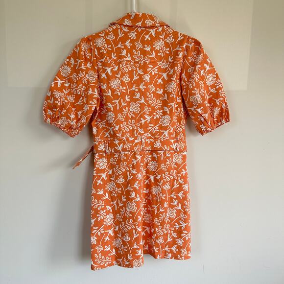 BaeVely Denim Mini Shirt Dress Preppy Belted Short Sleeve Floral Orange SMALL - Picture 11 of 14